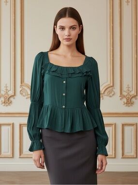 ANDREE BY UNIT Hunter Green Button-Up Blouse Square Neckline With Ruffle Detail